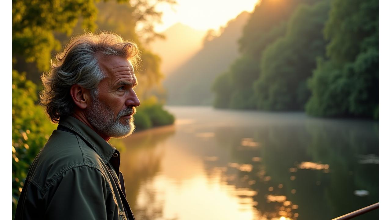 Jungle Hook founder Elias Thorne observing a rainforest river