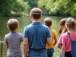 Children learning to fish in a calm natural setting