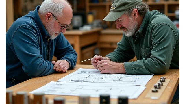 Two individuals, an angler and a rod builder, engaged in a detailed discussion, reviewing rod specifications and diagrams on a workbench in a bright workshop.