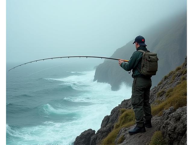 An angler casting a custom rod in a challenging, windy, and rainy coastal environment, demonstrating its resilience during field testing.