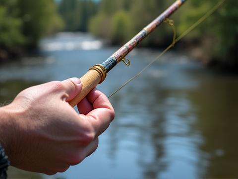 A close-up of a beautifully crafted bespoke fly rod with intricate guide wraps and a polished wooden reel seat, held by an angler preparing to cast in a pristine mountain stream.