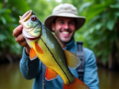 A delighted angler holding a large peacock bass caught with a custom Jungle Hook rod, deep within a vibrant Amazon rainforest, emphasizing the rod's performance in challenging environments.
