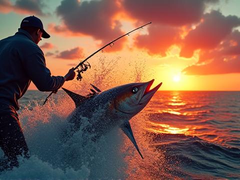 An angler fighting a large saltwater game fish from a boat, with their custom fishing rod bent under immense pressure against a dramatic ocean sunrise backdrop.