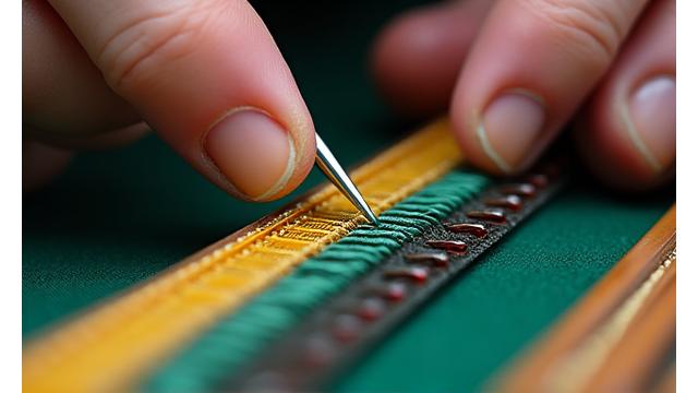 Close-up of a craftsman's hands carefully applying epoxy over perfectly wrapped guides on a custom fishing rod blank, with precision tools nearby.