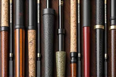 Laying out various handle materials: sustainably sourced cork, sleek carbon fiber, and exotic polished wood samples, ready for rod application.