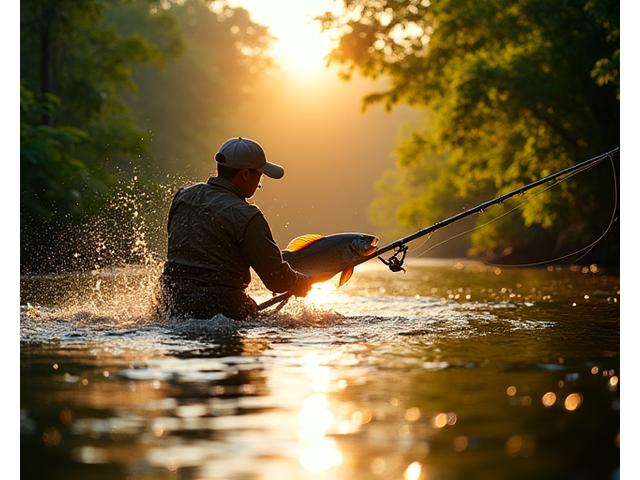An angler battling a large, powerful fish with a bespoke fishing rod on a remote, jungle river, demonstrating the rod's performance under intense pressure.