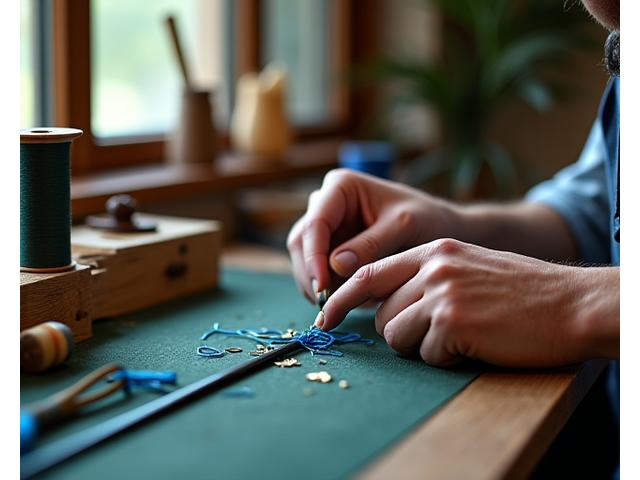 Close-up of a master rod craftsman meticulously wrapping guides on a custom fishing rod in a well-lit workshop.
