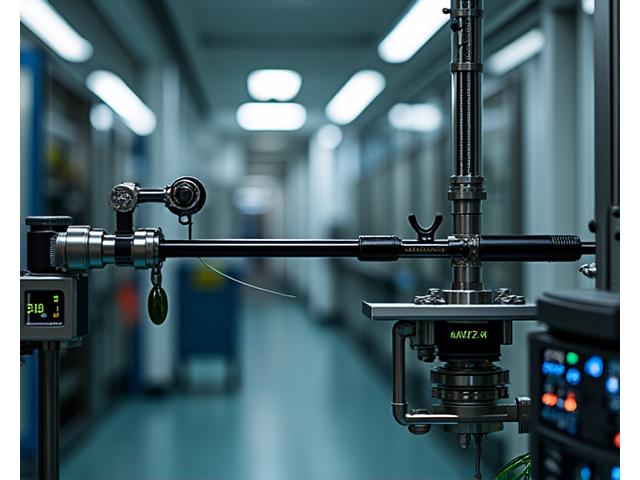 A fishing rod held by an automated device applying significant load, bending it to its maximum stress point in a laboratory setting, with technical gauges in the background.