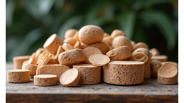 A collection of premium, sustainably harvested cork rings, exhibiting varied natural patterns and textures, ready for crafting into a rod handle.