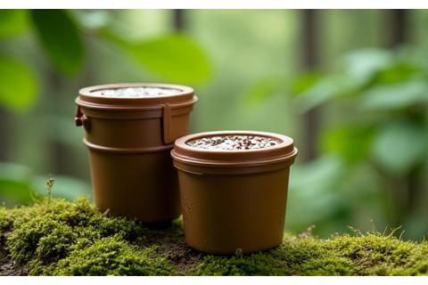 A stack of closed, cylindrical biodegradable bait containers on a mossy forest floor, showing their natural texture and secure lids.