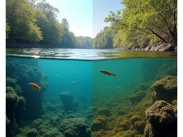 Split view showing a pristine, clear river ecosystem on one side and a healthy underwater scene with fish and aquatic plants thriving on the other, contrasting implicitly with areas affected by plastic pollution.