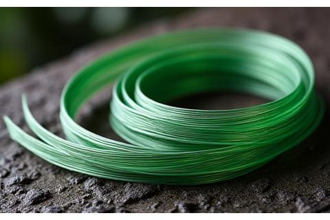 Coils of translucent, strong-looking biodegradable fishing line on a dark, textured surface.