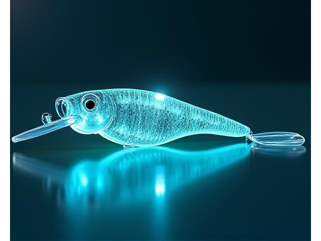 Glowing schematic of smart biodegradable fishing lure with integrated micro-sensors, set against a futuristic, clean laboratory backdrop.