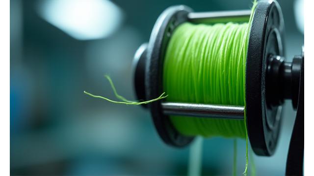 Close-up view of advanced biodegradable fishing line being spooled, showcasing its unique molecular structure and smooth texture.