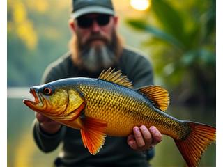 A professional angler holding a large fish, subtly showing a Jungle Hook branded biodegradable lure, symbolizing professional endorsement.
