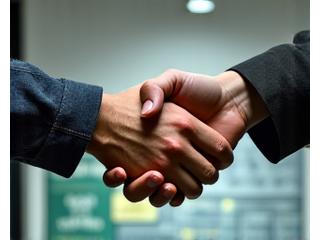 Two hands shaking over a blueprint schematic of fishing tackle, signifying industry collaboration on sustainable practices.