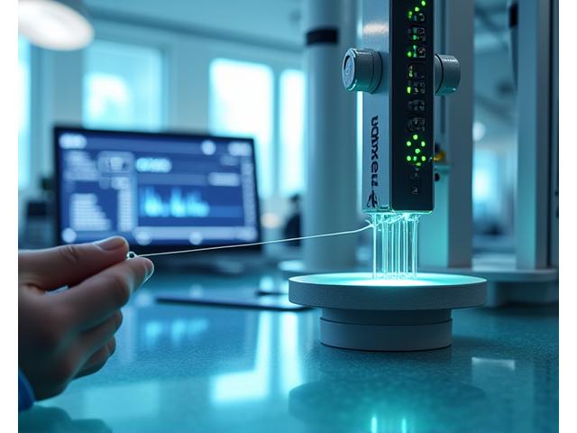 Scientific lab setup with a tensile testing machine stretching a thin strand of fishing line, with data displayed on a monitor in the background.