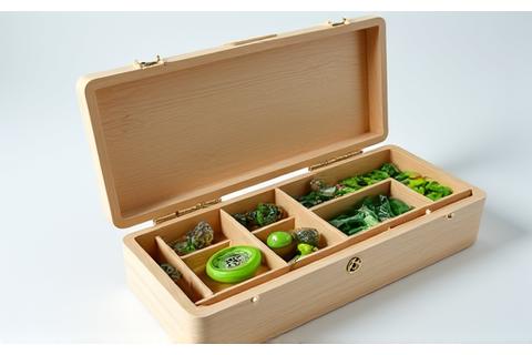 An open, multi-compartment tackle box made from sustainable, light-colored wood composite, showing neatly organized green biodegradable lures and accessories.