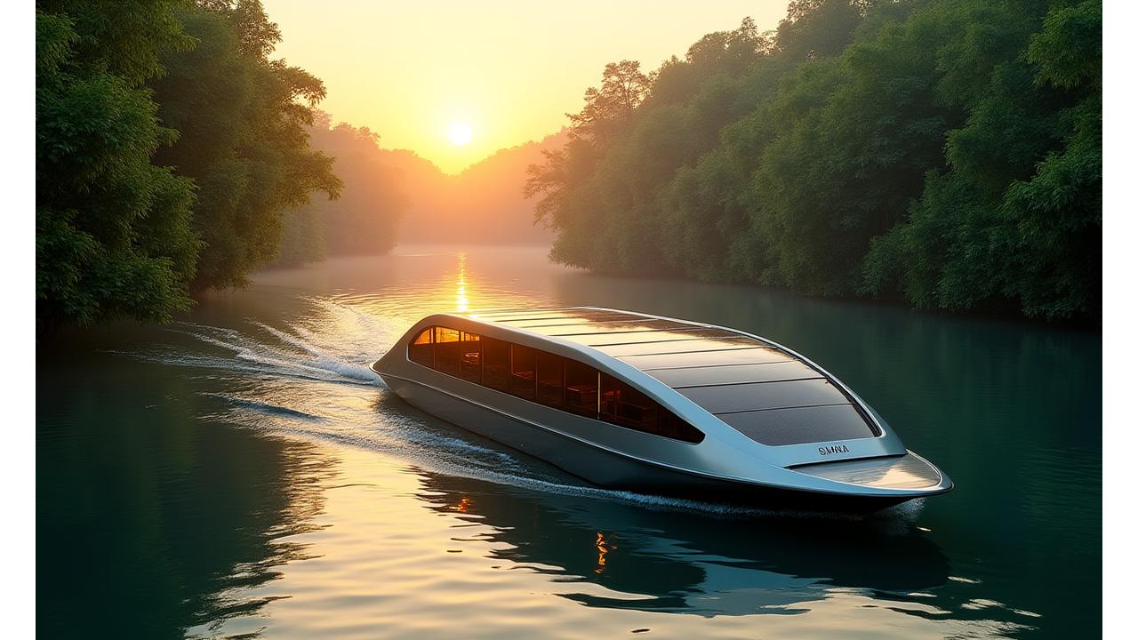 A sleek, solar-powered expedition boat navigating a pristine jungle river at sunrise, emitting no visible pollution.