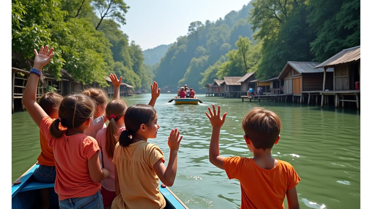Happy local children greeting a small group of tourists arriving by boat in a remote village, vibrant natural setting.