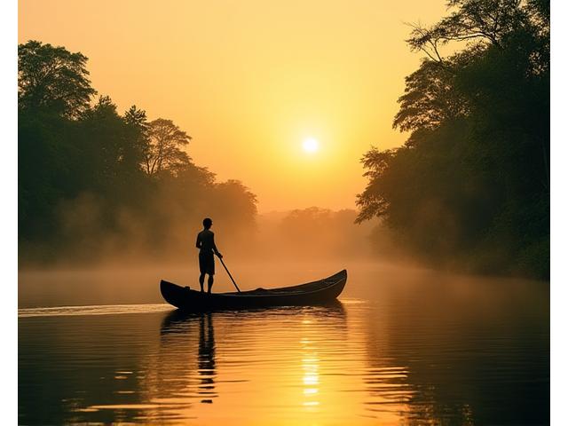 Traditional dugout canoe on a calm Amazonian river, surrounded by dense rainforest at dawn.