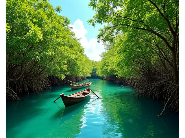 A small fishing boat navigating through dense mangrove roots in a clear estuary, vibrant green.