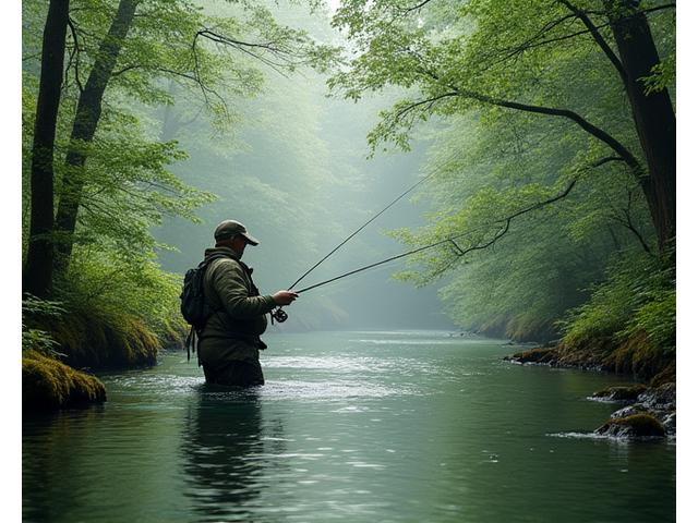 Angler casting a line in a serene UK temperate rainforest river, lush green surroundings.