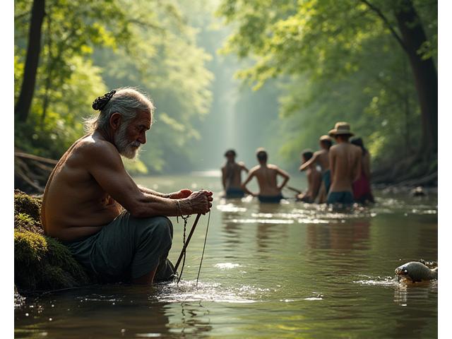 Indigenous elder teaching fishing techniques to a small group of tourists by a calm river, rich cultural context.
