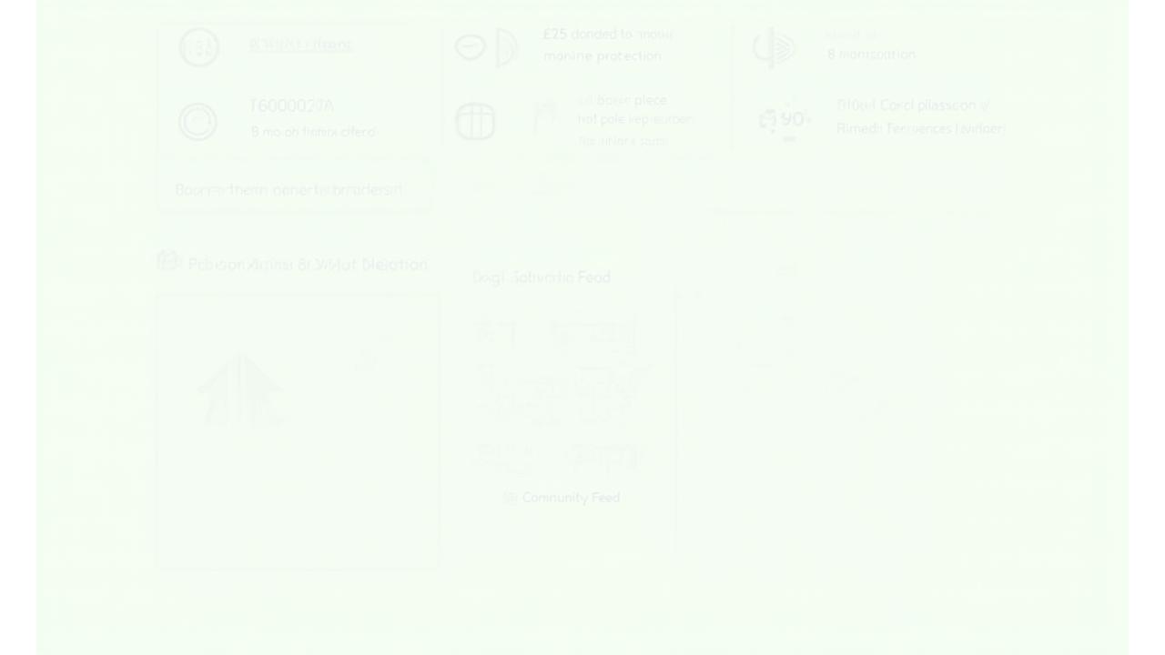 Illustration of a personalized online dashboard displaying conservation metrics like trees planted, funds donated, and species identified, with user profile and community feed.