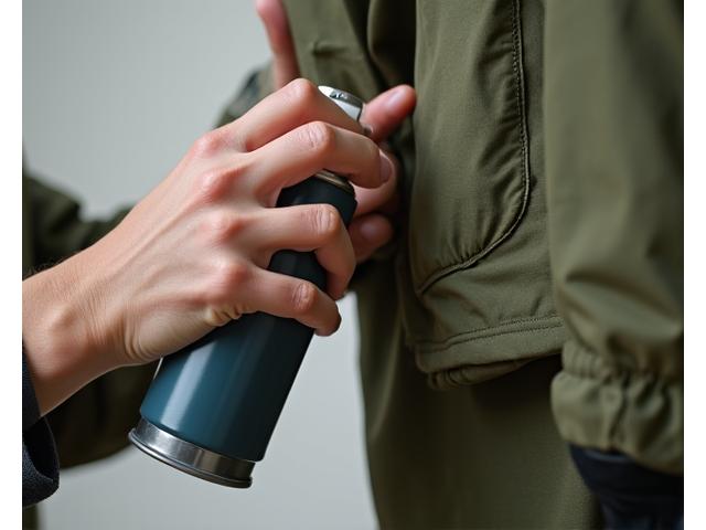 Close-up of a weather-resistant jacket being cleaned carefully