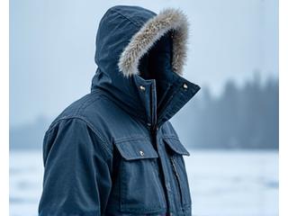 Insulated, waterproof parka for ice fishing in an arctic landscape