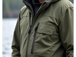 Versatile fishing jacket for moderate climates, shown near a lake