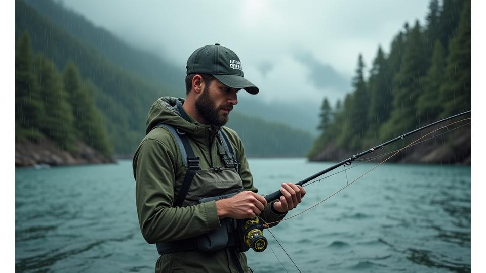 Professional fishing guide testing expedition apparel in a stormy, remote river environment