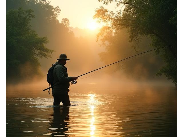 Expedition angler in full gear casting in a lush, misty rainforest at dawn