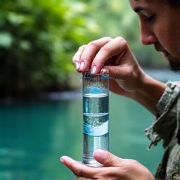 Scientist collecting water samples in a clear river, an image representing conservation efforts.