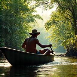 Experienced local fishing guide expertly navigating a dugout canoe through a dense jungle river.
