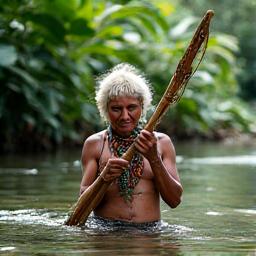 Indigenous community member fishing with traditional spear in a pristine rainforest river, a symbol of partnership.