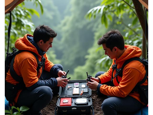 Group of anglers and guides demonstrating safety checks on satellite communication equipment in a remote rainforest camp.