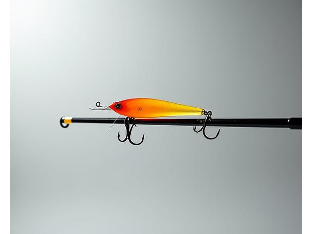 Custom fishing rod with a matching yellow and orange lure, in a modern studio setting