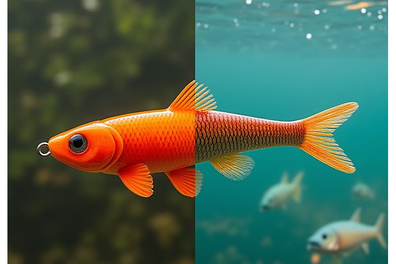 A split image showing a traditional plastic lure versus a biodegradable lure, highlighting material difference