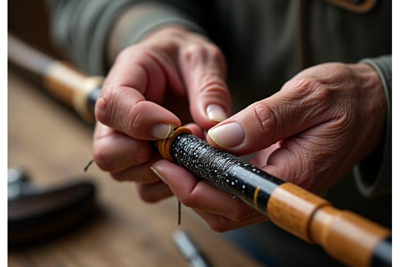 Close-up of artisan hands meticulously wrapping guides on a bespoke fishing rod blank
