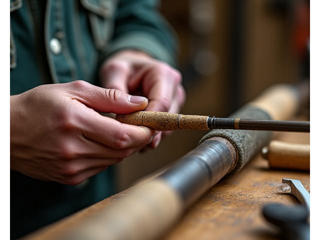Artisan working on a bespoke fishing rod, hands carefully shaping the grip