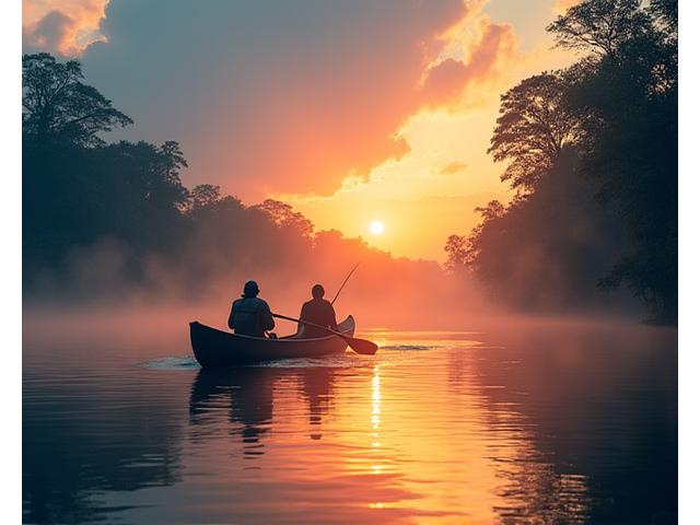 Anglers in a dugout canoe on a pristine rainforest river at sunrise