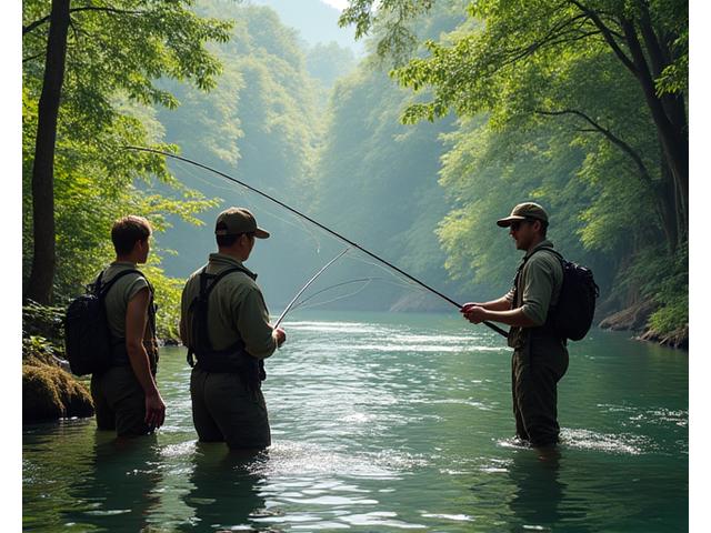 Group of anglers learning casting techniques by a serene river with an instructor
