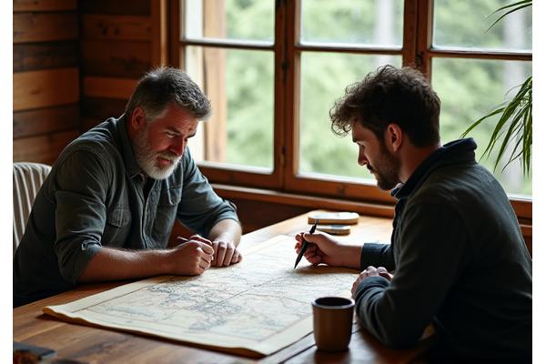 Angler discussing expedition plans with a Jungle Hook expert, looking at maps
