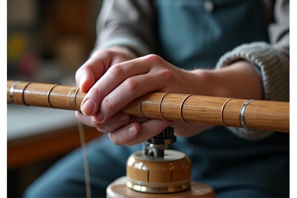 Close-up of a craftsman's hands carefully applying finish to a custom rod