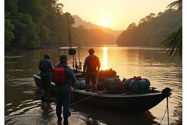 Packed fishing gear and an expedition boat ready for departure on a jungle river