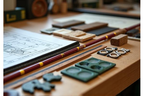 Technical drawing of a fishing rod and samples of different blanks and reel seats