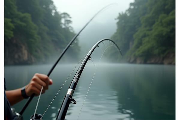 Fishing rod being tested under tension against a serene jungle river backdrop