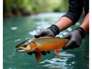 Angler carefully releasing a fish in clear water, surrounded by lush nature.
